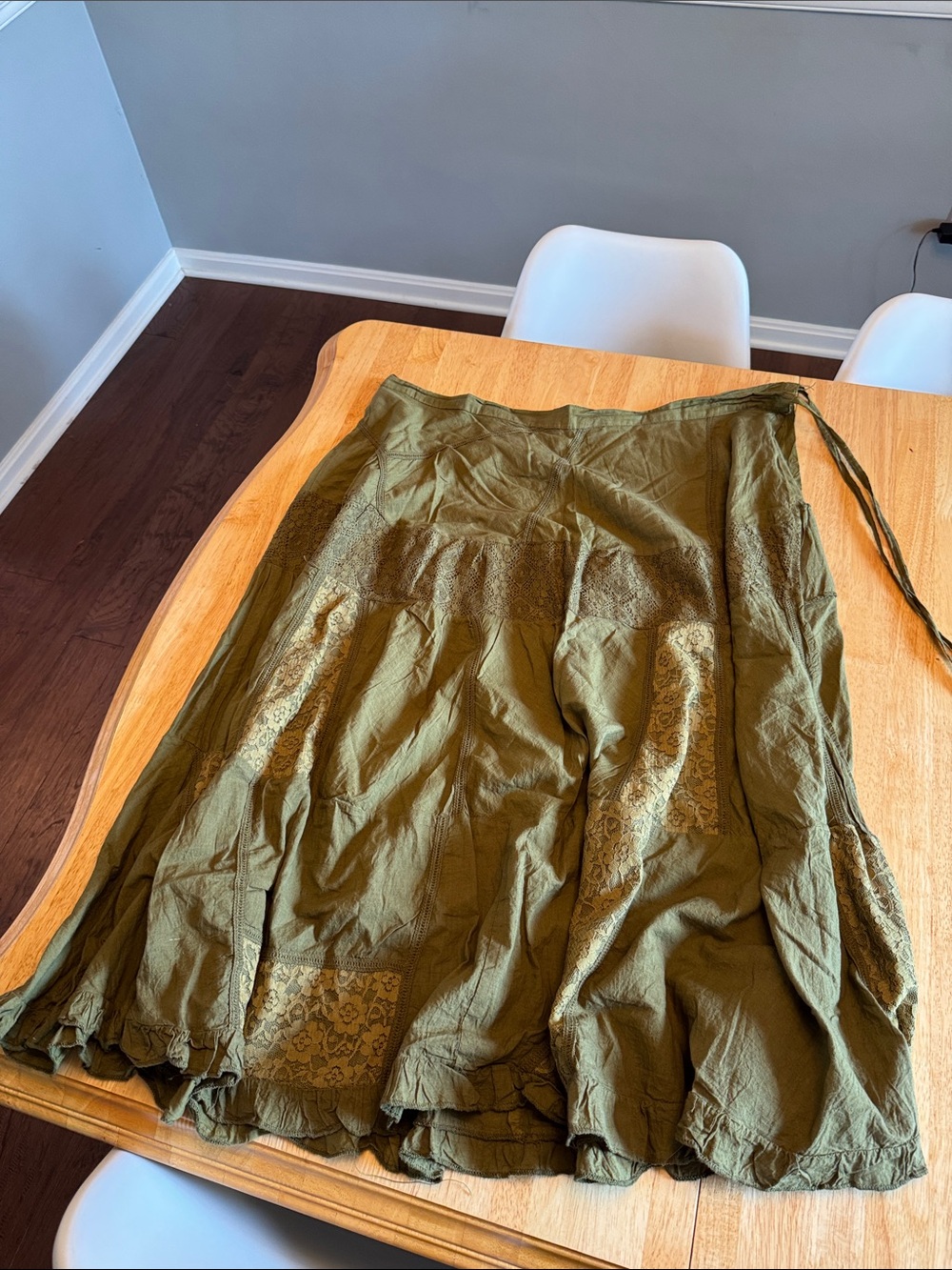 Olive Green Maxi Wrap Skirt with Textured Panels